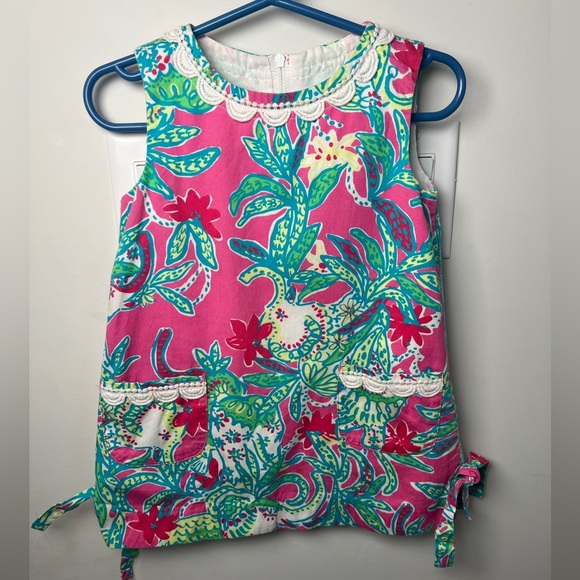 Lilly Pulitzer Tropical Coastal Pink Green Teal Pattern Shift Dress w Ties Sz 2 - Picture 7 of 7